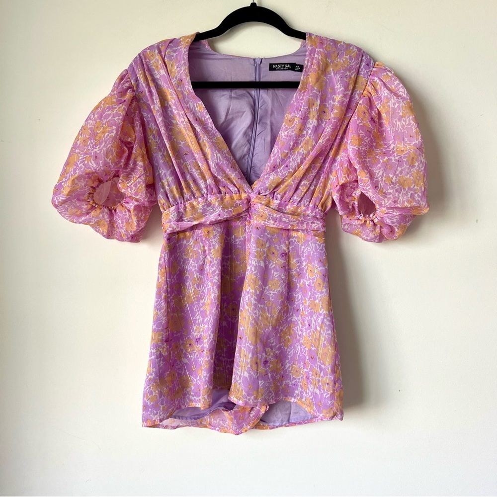 NASTY GAL Floral Puff Sleeve Chiffon V-Neck Romper—SZ. 4